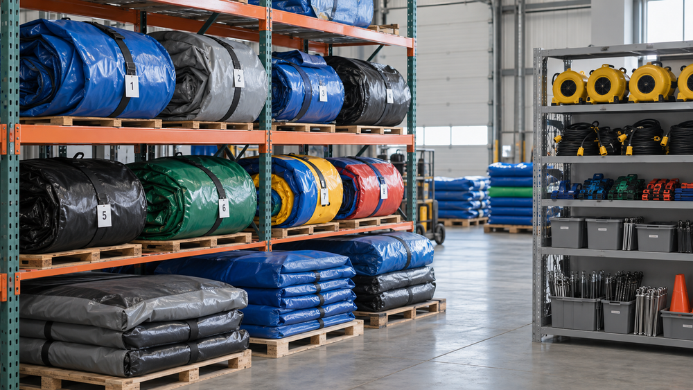 Organized commercial inflatable rental warehouse with numbered equipment rolls and labeled accessory shelves