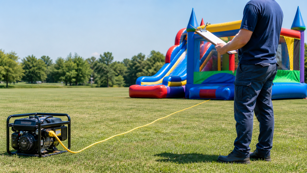 Event operator reviewing a power plan beside a portable generator and commercial inflatable