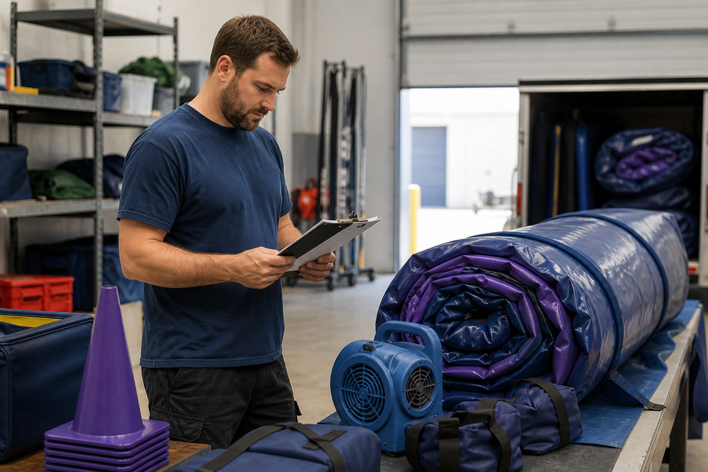 Bounce house rental operator reviewing business paperwork beside organized inflatable equipment