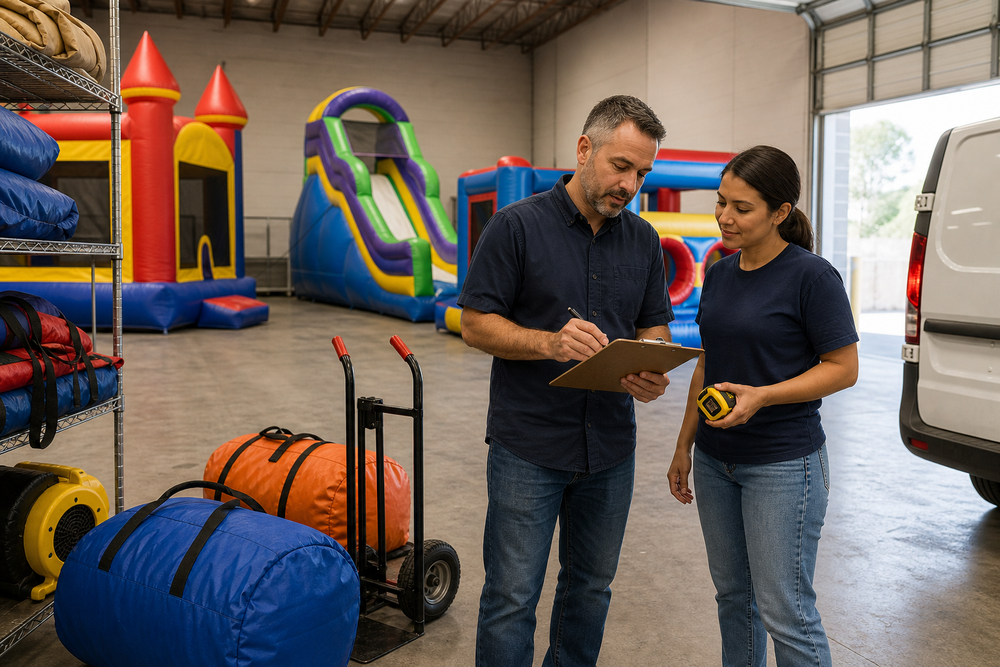 Event rental team planning commercial inflatable inventory in a warehouse
