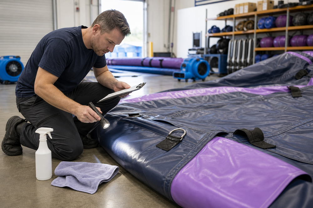 Rental operator inspecting a commercial inflatable before cleaning and storage