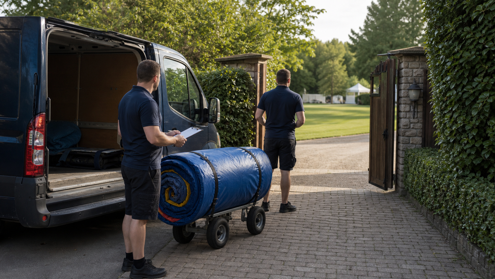 Inflatable rental crew checking gate access before unloading a rolled commercial inflatable