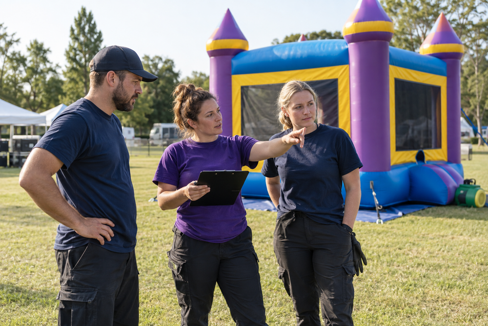 Inflatable rental crew reviewing event-day roles beside a completed setup