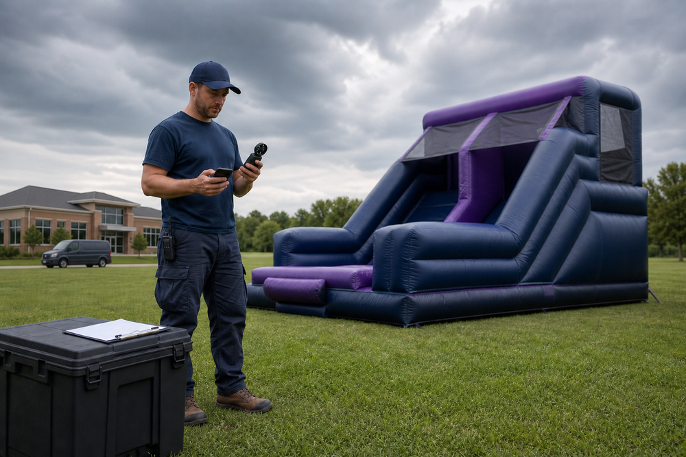 Inflatable event operator checking weather beside an empty setup with shelter nearby
