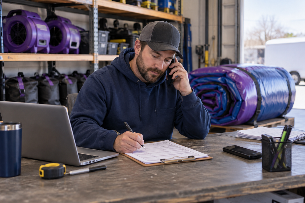 Inflatable rental operator confirming event details on a booking worksheet