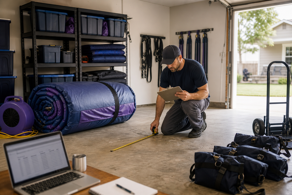 Inflatable rental business owner measuring a garage workspace beside organized equipment