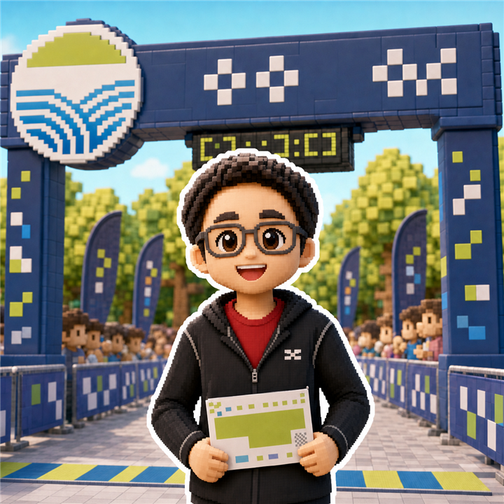 Personalized fine-pixel 3D character portrait in a restyled marathon scene