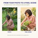 Before and after example showing a gardening photo transformed into a personalized pixel scene