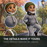Close-up view of expression, clothing texture, white outline and scene detail in a personalized pixel portrait