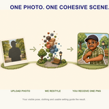 Visual process showing one clear photo restyled into one cohesive character-and-scene PNG