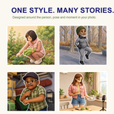 Four approved personalized pixel-scene results showing different people, poses and settings in one style