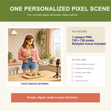 One personalized 720 by 720 opaque pixel-scene PNG with white-background, transparent, extra-image, animation and physical-product exclusions