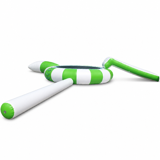 9.8 FT green and white floating water trampoline on a white background