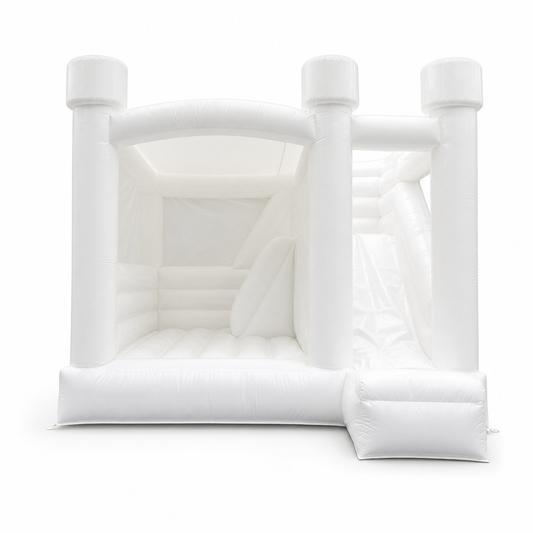 15 × 15 × 13 FT white bounce house combo with slide on a white background