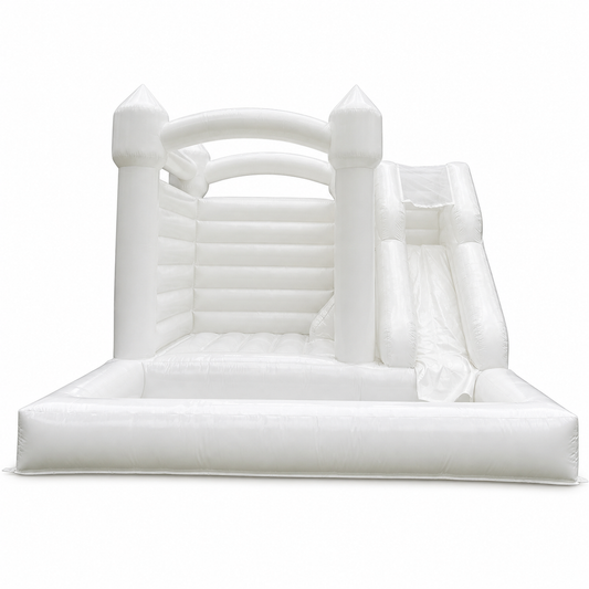16 × 15 × 12 FT white wedding bounce house combo with slide on a white background