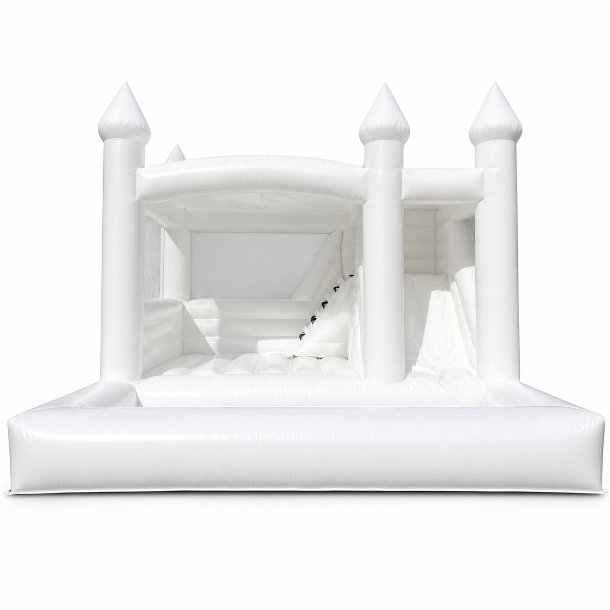 16.4 × 16.4 × 13.1 FT white bounce house combo with ball pit and slide on a white background