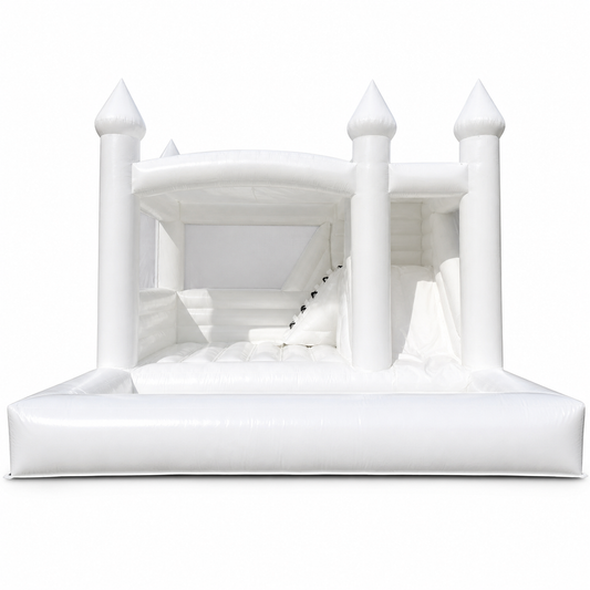 16.4 × 16.4 × 13.1 FT white bounce house combo with ball pit and slide on a white background