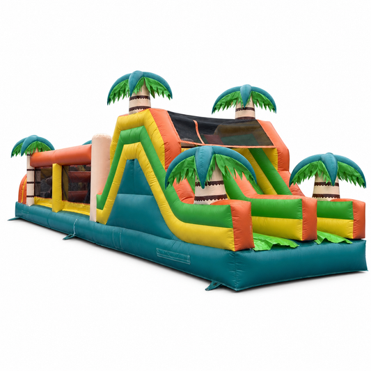 39.4 × 9.4 FT tropical commercial inflatable obstacle course on white background
