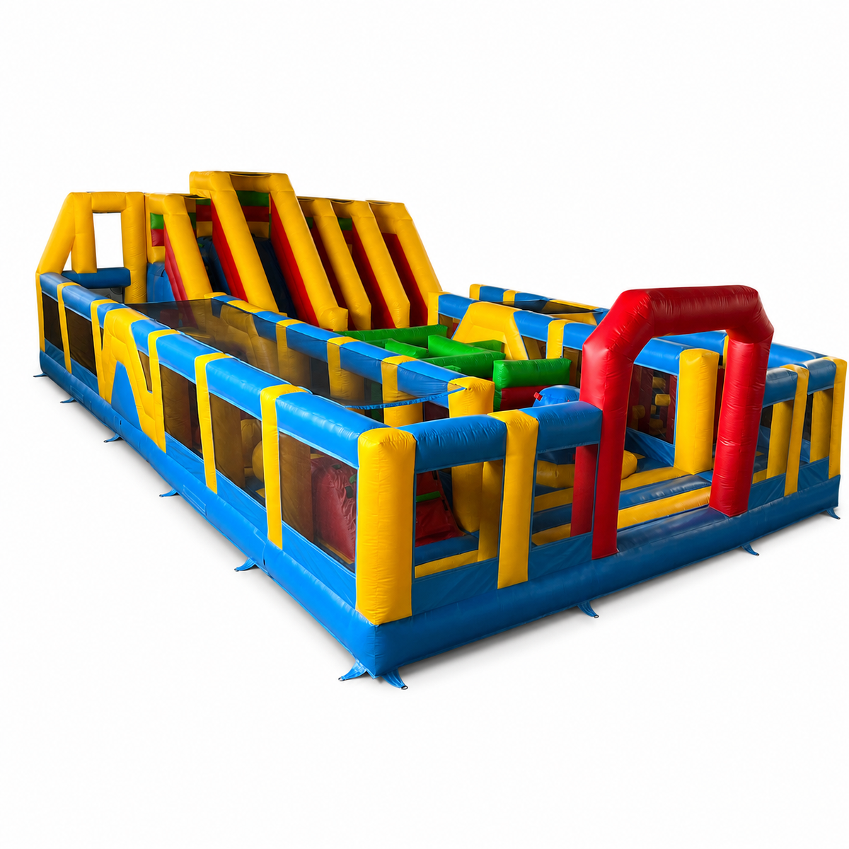 46 × 26 × 10 FT commercial castle inflatable obstacle course on white background