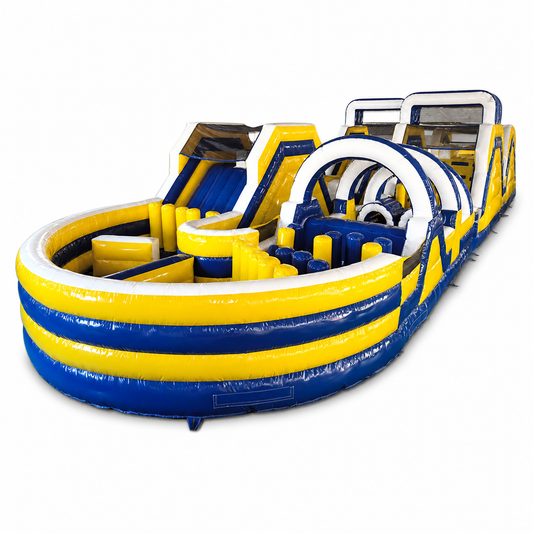69 × 23 × 15 FT commercial castle inflatable obstacle course on white background