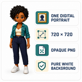 One 720 by 720 opaque PNG digital portrait on a pure-white background