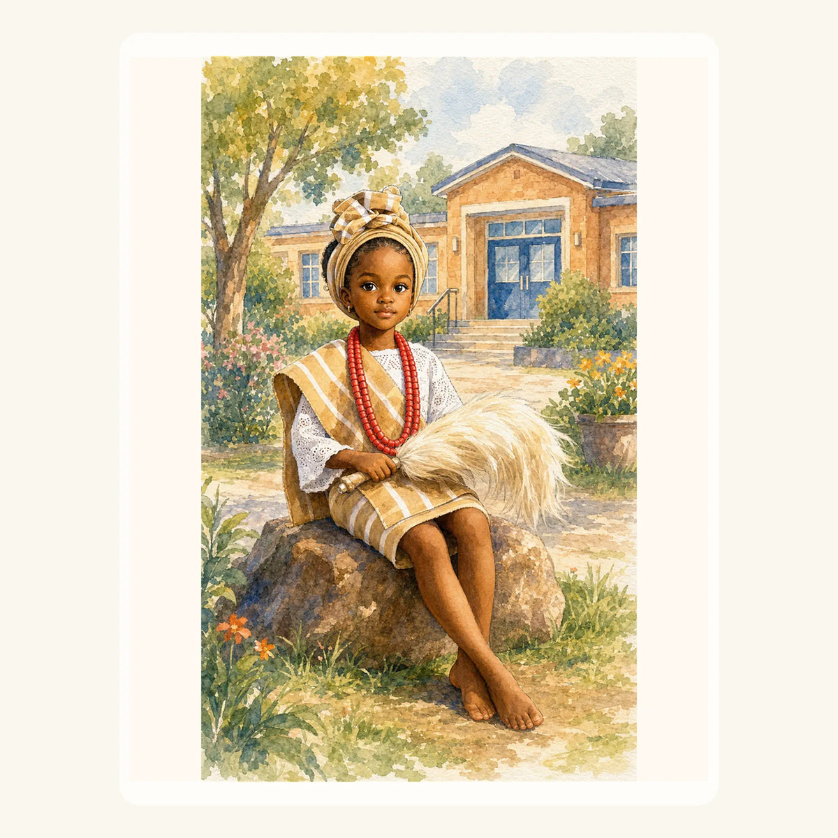 Personalized watercolor storybook portrait of a child seated in a simplified school setting