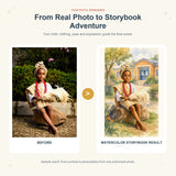 Before and after example of an authorized child photo transformed into a watercolor school adventure portrait