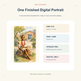 Product specifications for one 2048 by 2560 opaque PNG watercolor portrait delivered digitally