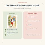 Included and excluded items for one personalized watercolor portrait with one minor revision