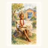 Watercolor storybook portrait of a seated child in a warm generic school garden setting