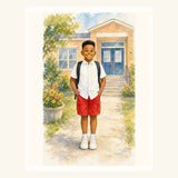 Watercolor storybook portrait of a standing child with a backpack in a generic school courtyard