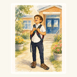 Watercolor storybook portrait of a joyful child holding backpack straps in a generic school scene