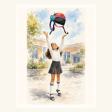 Watercolor storybook portrait of a child tossing a backpack in a bright generic school courtyard