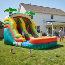20FT x 10FT Palm Island Tropical Water Slide inflatable set up in a backyard