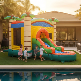 17FT x 12FT Jungle Adventure Bounce & Water Slide Combo inflatable set up in a backyard