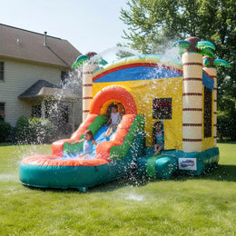 17FT x 12FT Jungle Adventure Bounce & Water Slide Combo inflatable water slide set up in a backyard