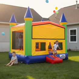 13FT x 13FT Royal Castle Bounce House inflatable set up in a backyard