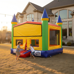 13FT x 13FT Royal Castle Bounce House inflatable set up beside a modern home
