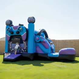 18FT x 12FT Game Zone Arcade Bounce & Water Slide Combo inflatable set up in a backyard