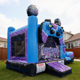 18FT x 12FT Game Zone Arcade Bounce & Water Slide Combo inflatable set up beside a modern home
