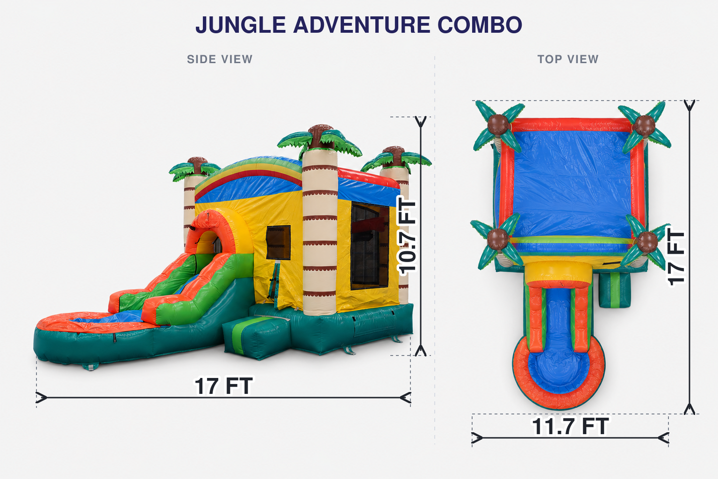 Jungle Adventure Combo large-text size guide showing 17 ft by 11.7 ft footprint and 10.7 ft height