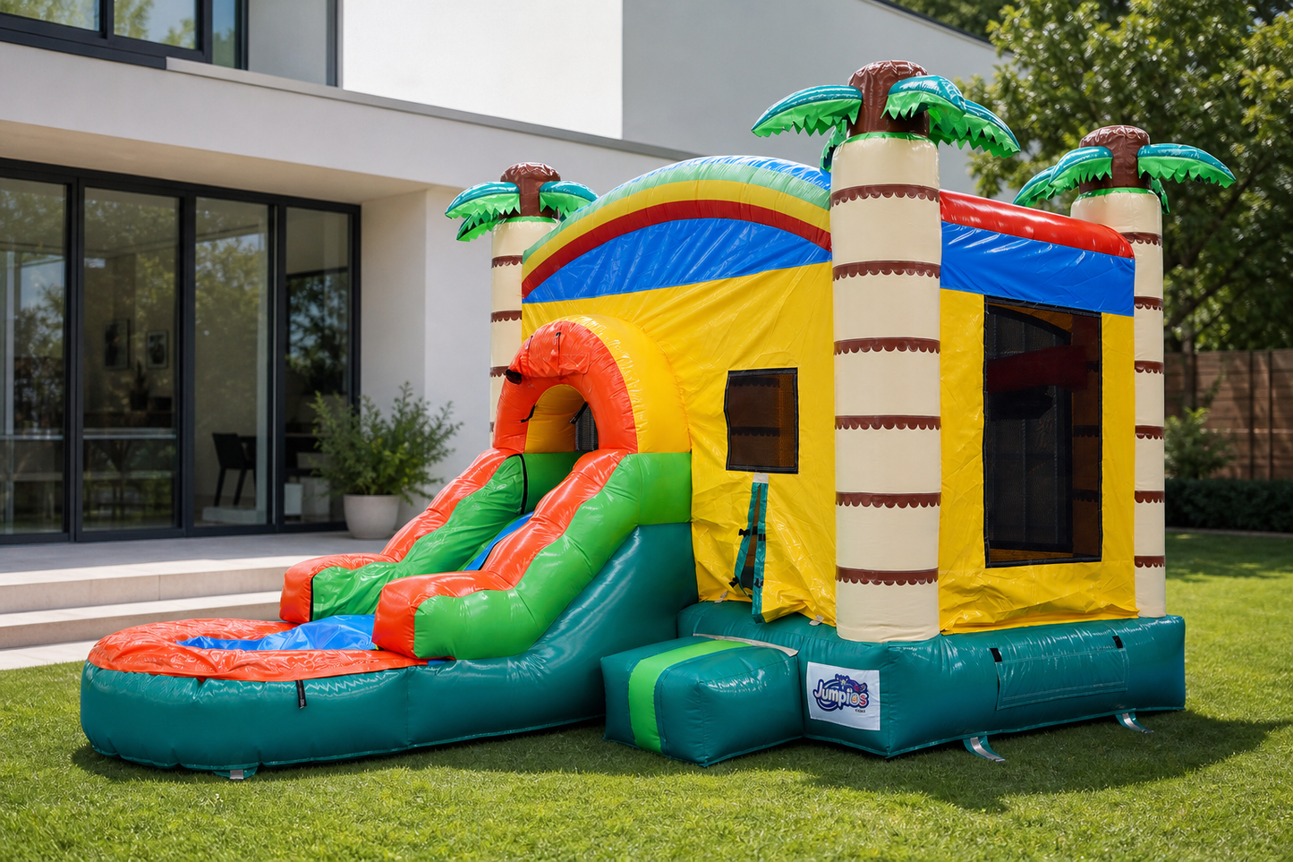 Jungle Adventure bounce and water slide in a modern backyard, no people