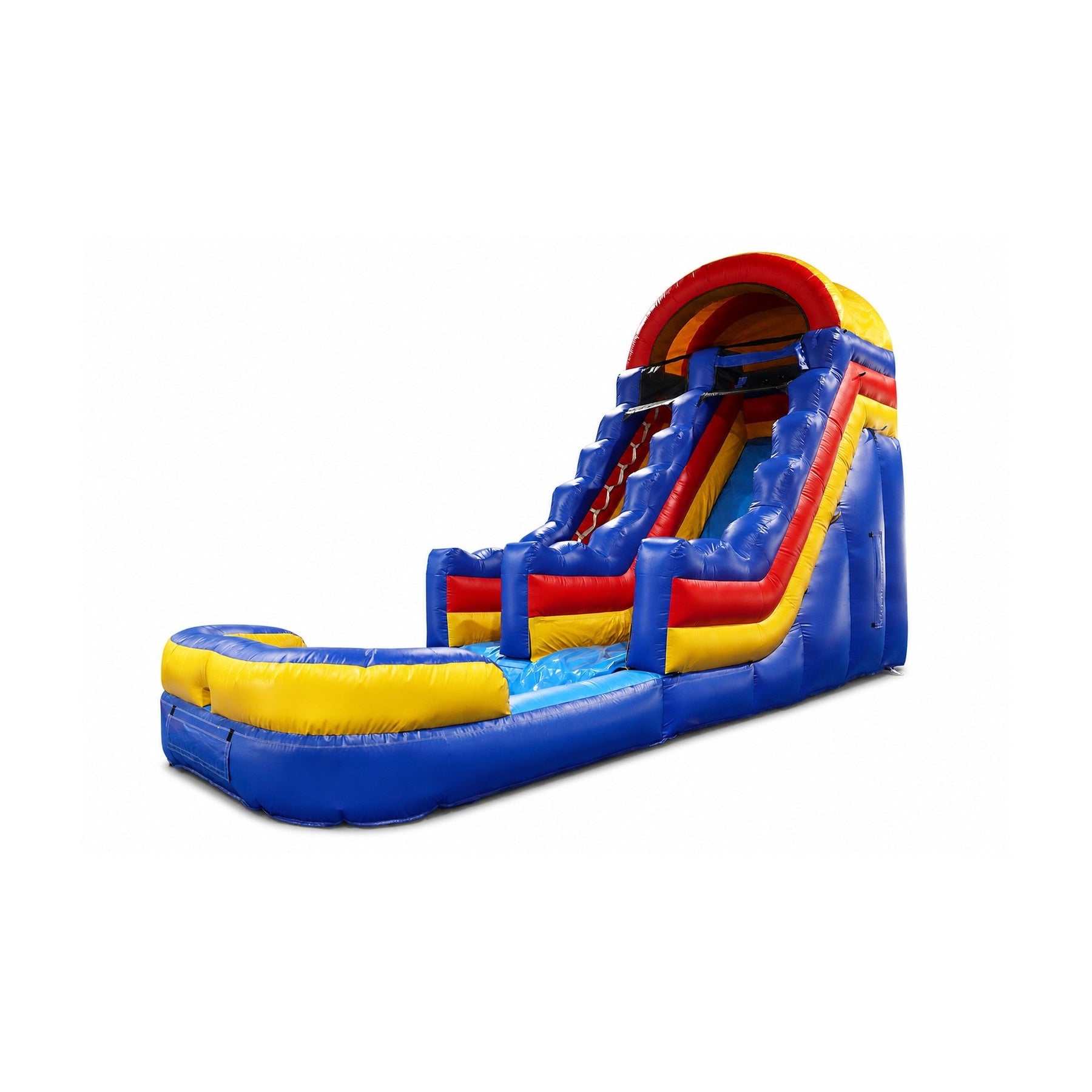 blue and red inflatable slide, three-quarter product view on white background