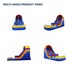 blue and red inflatable slide, multiple exact-product views on white background