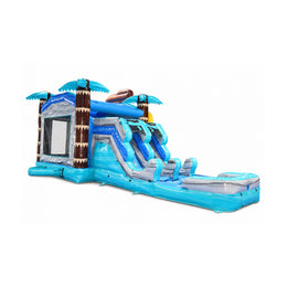 blue palm-themed inflatable combo, three-quarter product view on white background