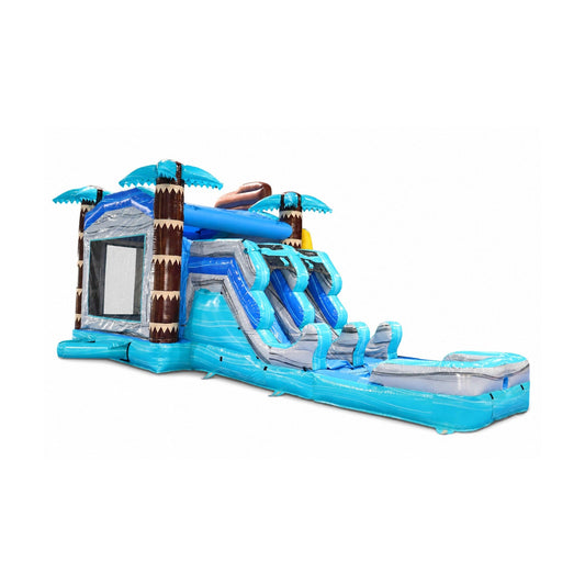 blue palm-themed inflatable combo, three-quarter product view on white background