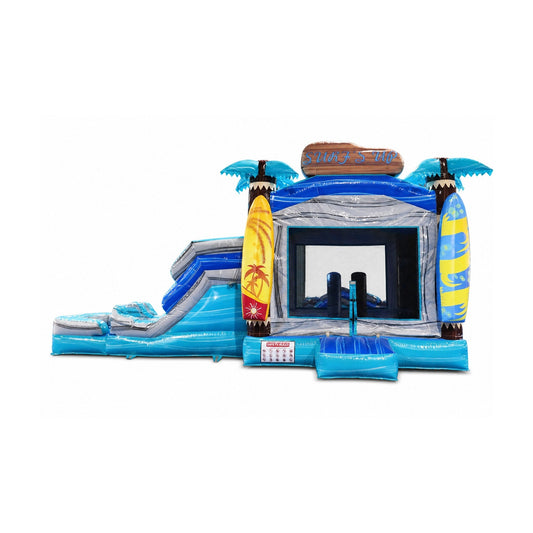 blue palm-themed inflatable combo, front defining view on white background