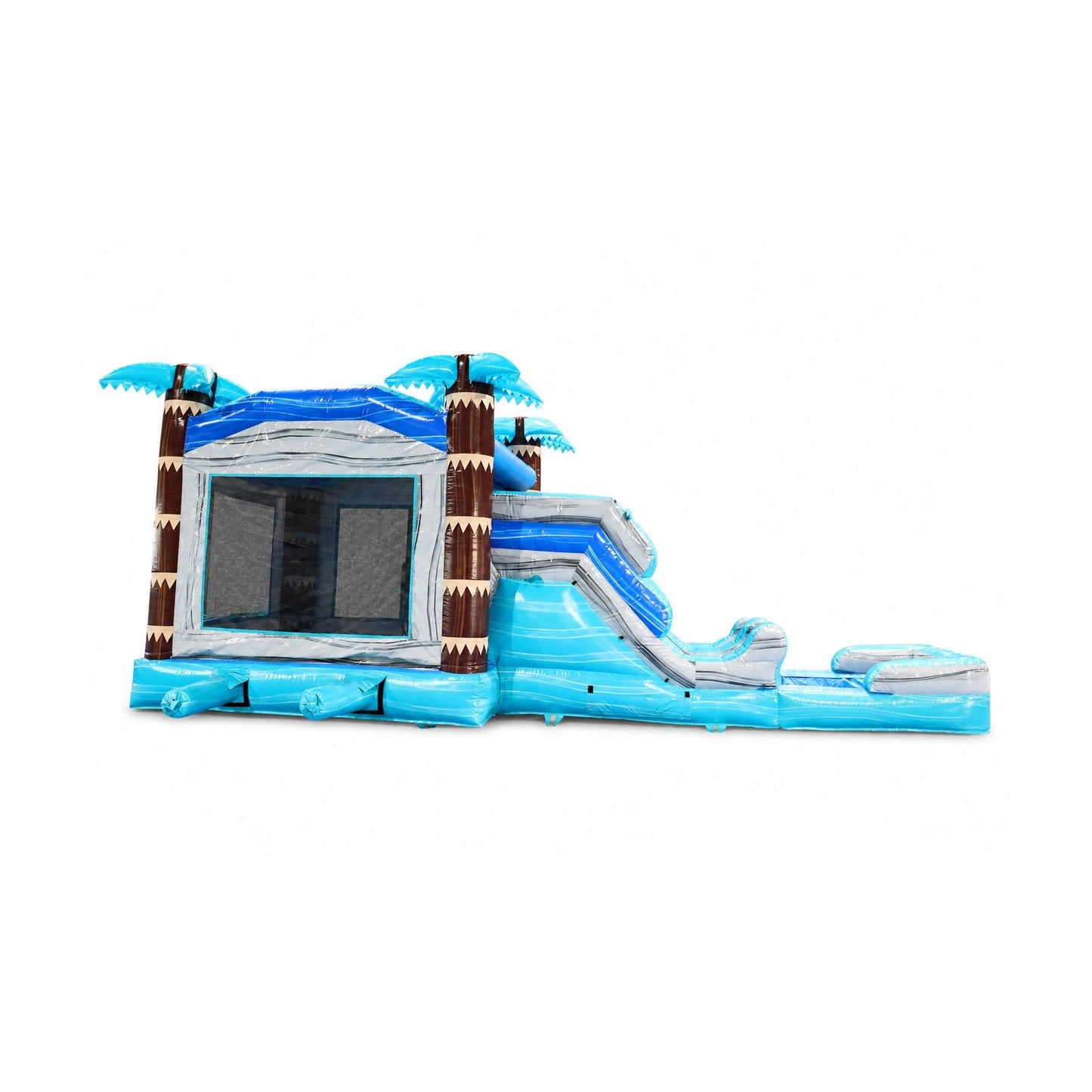 blue palm-themed inflatable combo, side or rear defining view on white background
