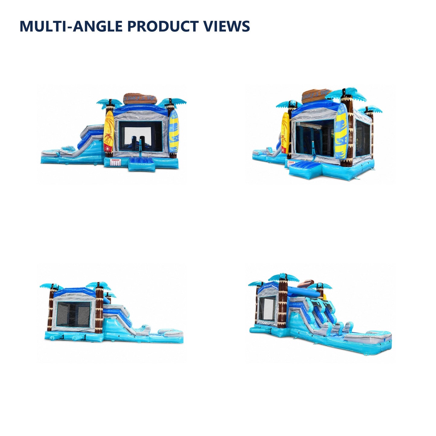 blue palm-themed inflatable combo, multiple exact-product views on white background