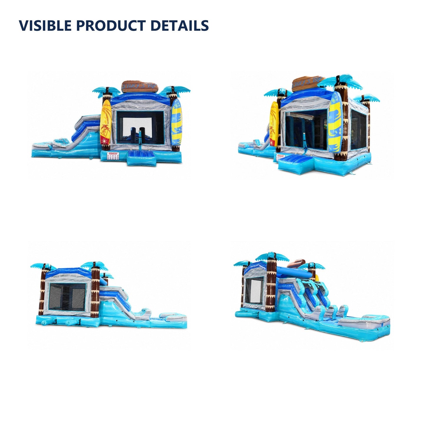 blue palm-themed inflatable combo, visible exterior product details